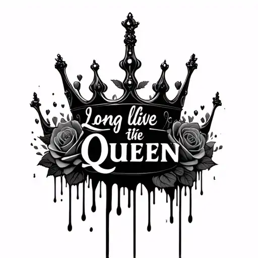 "Long live the queen" Black melting queen crown  with blac roses around the crown tattoo design idea