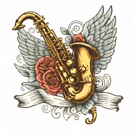 a saxophone with wings and a halo  tattoo design idea