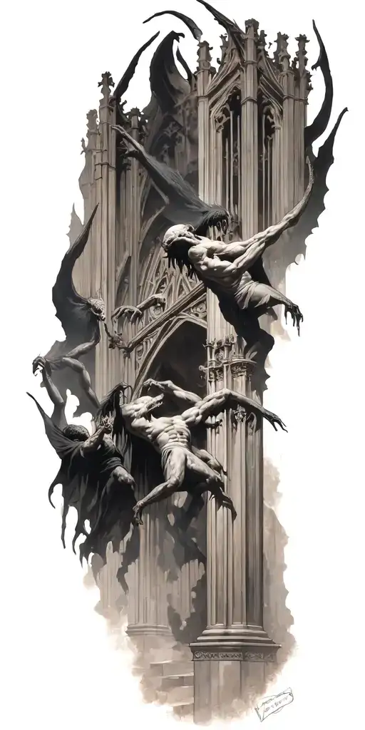 mindflayers fighting demons trapped in a cathedral realism tattoo design idea