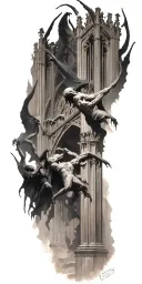 mindflayers fighting demons trapped in a cathedral realism tattoo design idea