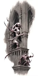 mindflayers fighting demons trapped in a cathedral realism tattoo design idea