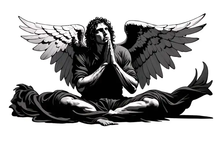 Gothic type style, male angel praying on knees looking up with his wings spread. Make it look sad and have him slouched tattoo design idea