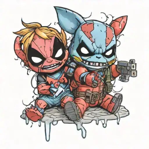 stitch, chucky and deadpool full color tattoo design idea