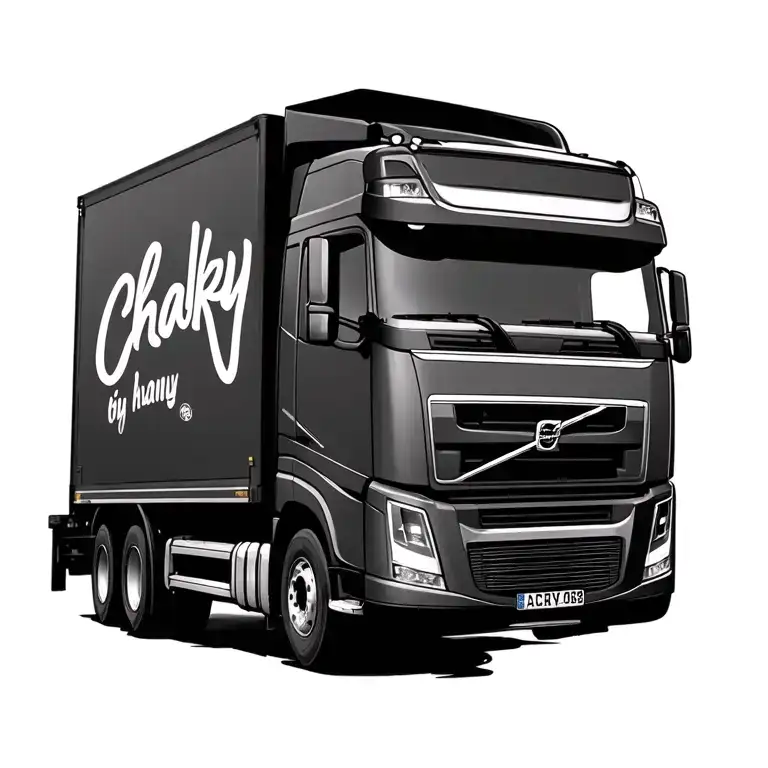 Volvo truck driving and on back on the truck saying name of Chalky written on it tattoo design idea
