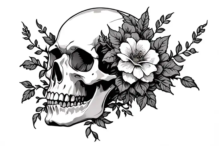 floral vines growing out of a skull  tattoo design idea