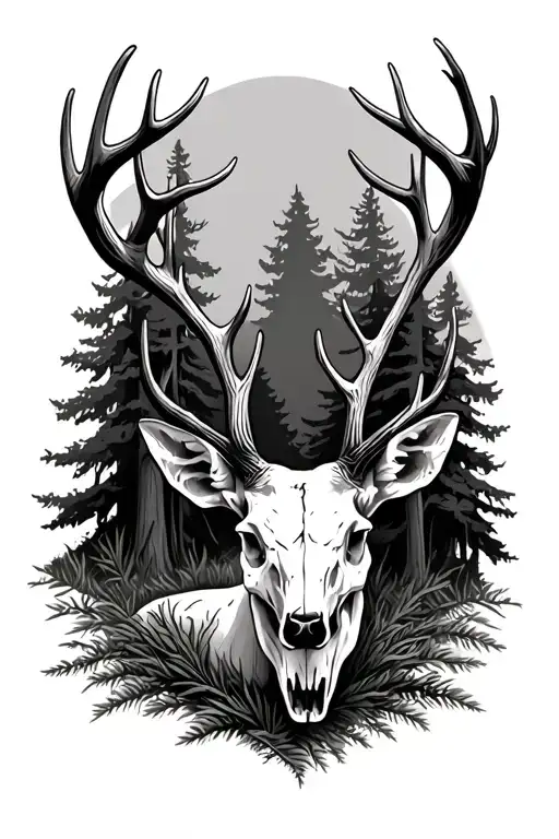Whitetail deer skull surrounded by trees with a full body whitetail buck below it  tattoo design idea