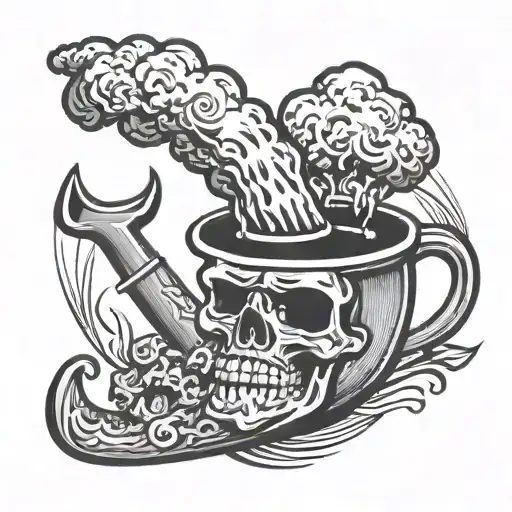 American traditional tattoo of a classic tobacco pipe with a nuclear mushroom cloud erupting from the bowl. Bold outline tattoo design idea