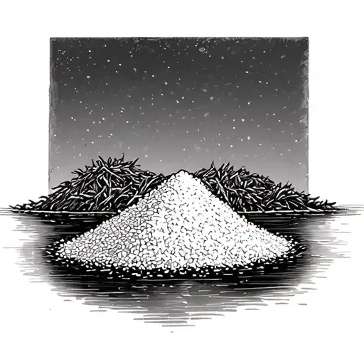 salt grain pile freshly harvesated with a showel in the middle, in an evaporation pond setting tattoo design idea