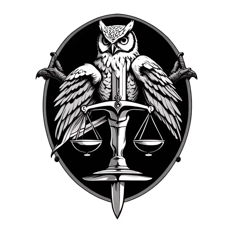 stoic inspired tattoo featuring a sword owl goblet and balanced scales  tattoo design idea