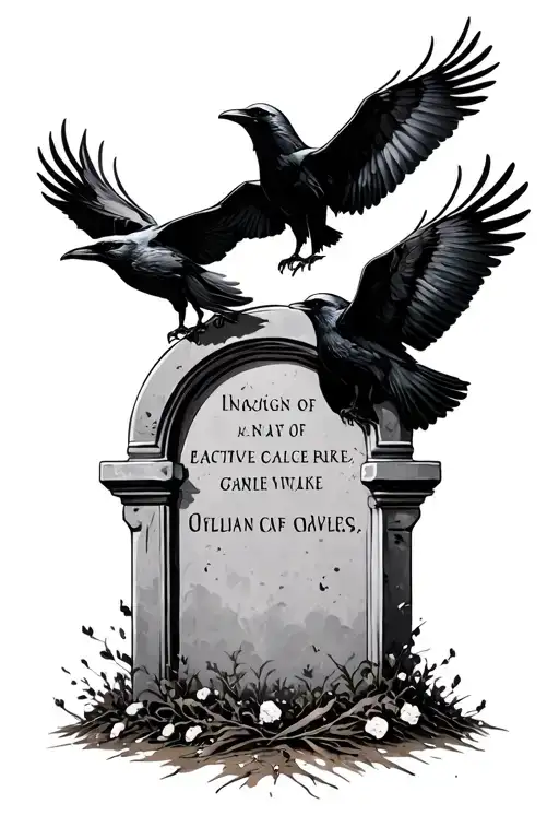 grave stone with ravens flying above them tattoo design idea