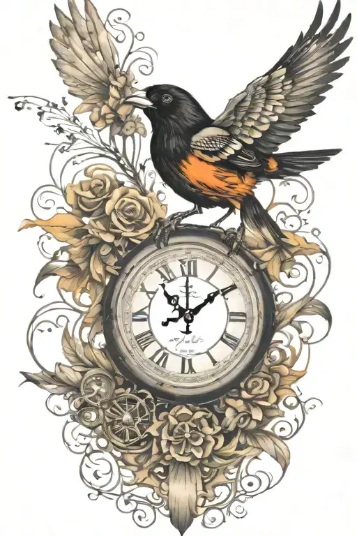 Oriole bird  with roman numeral clock in the background with bible verse tattoo design idea