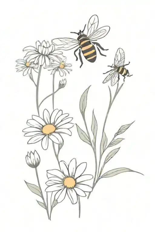 daisy bouquet and bee flying tattoo design idea