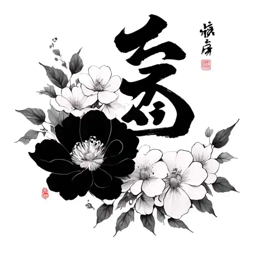wabi sabi japanese calligraphy with flowers surrounding it. tattoo design idea