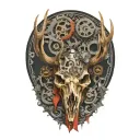 bull elk skull with antlers, tattered MS ribbon wrapped around antlers, mechanical gears integrated into skull tattoo design idea