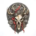 bull elk skull with antlers, tattered MS ribbon wrapped around antlers, mechanical gears integrated into skull tattoo design idea