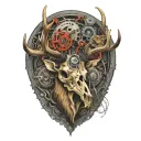 bull elk skull with antlers, tattered MS ribbon wrapped around antlers, mechanical gears integrated into skull tattoo design idea