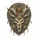 bull elk skull with antlers, tattered MS ribbon wrapped around antlers, mechanical gears integrated into skull tattoo design idea