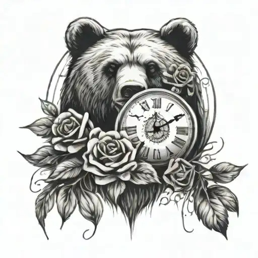 clock surrounded by roses with a bear maybe a dream catcher or some feathers  tattoo design idea
