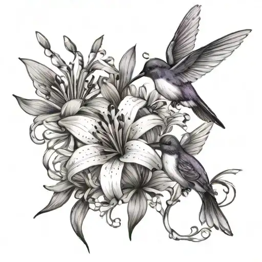 lavender flowers with lilies intertwined with hummingbirds tattoo design idea