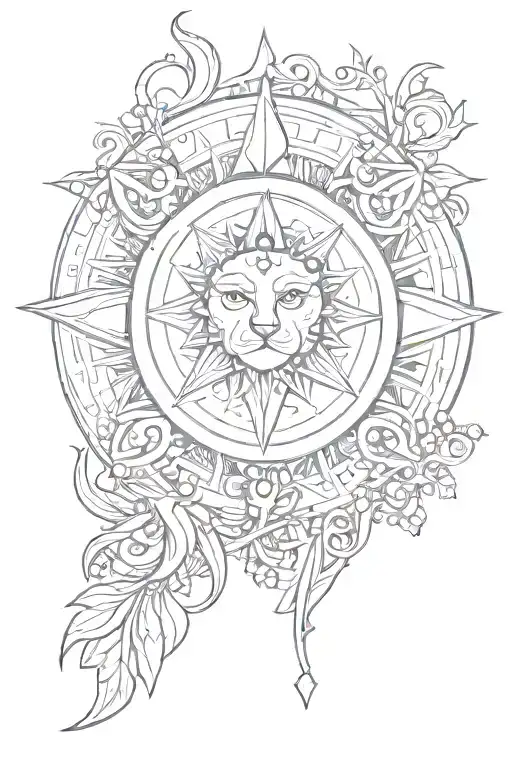 Concept: "Harmony of Nature and Astrology"  Design Elements:  Central Motif: A stylized sun, representing Leo, with rays tattoo design idea
