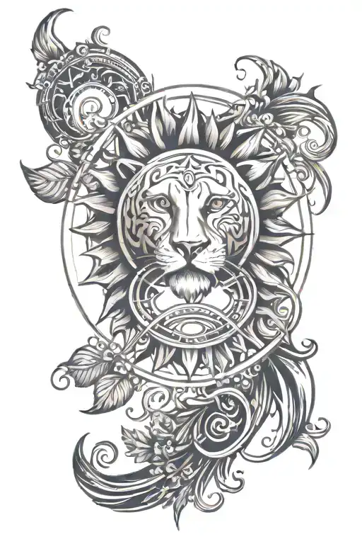 Concept: "Harmony of Nature and Astrology"  Design Elements:  Central Motif: A stylized sun, representing Leo, with rays tattoo design idea