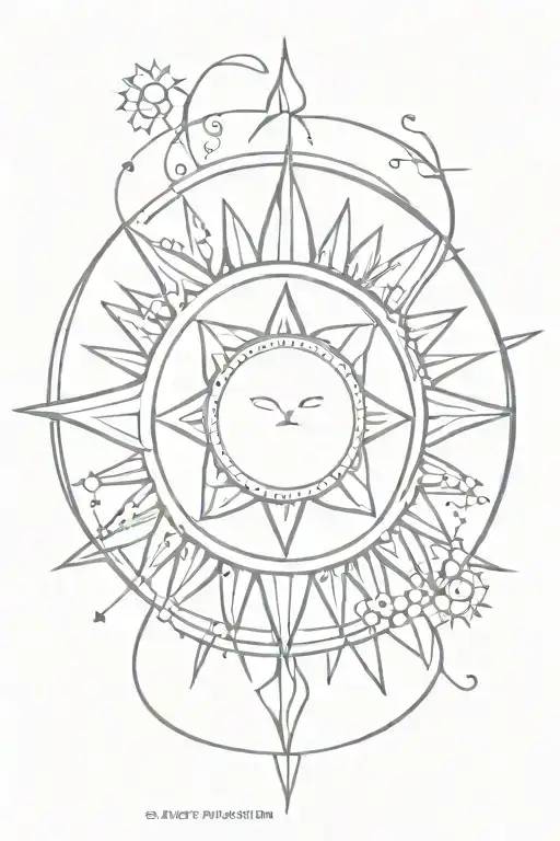 Concept: "Harmony of Nature and Astrology"  Design Elements:  Central Motif: A stylized sun, representing Leo, with rays tattoo design idea