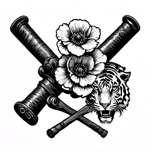 two crossed cannons, a poppy flower, a tiger's head, a pirate flag tattoo design idea
