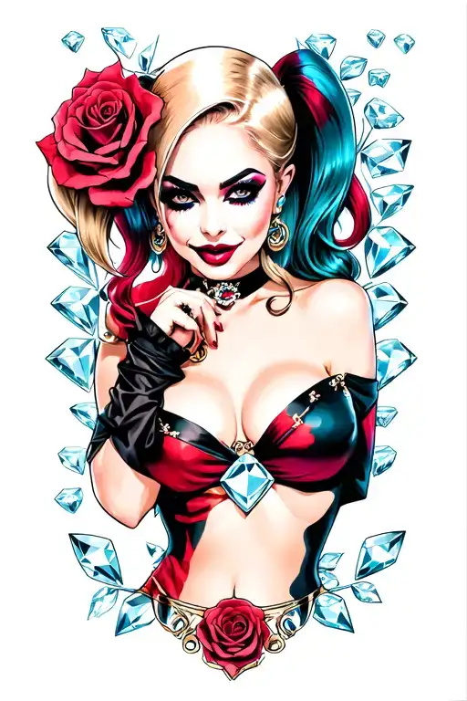 Harley Quinn pinup with diamonds and roses in in background tattoo design idea