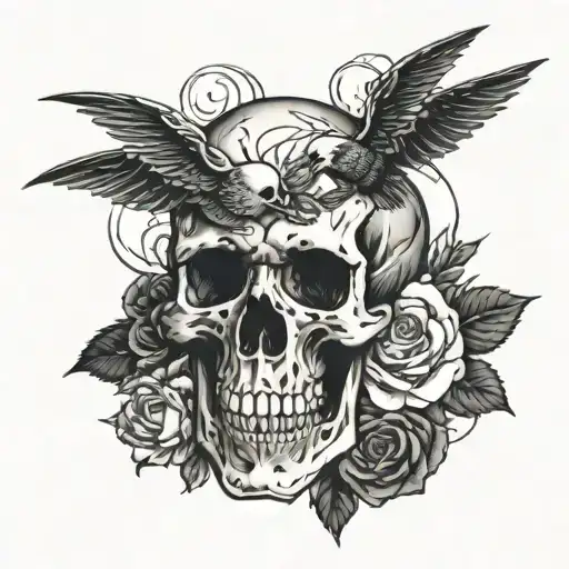 skull, freedom and rose tattoo design idea