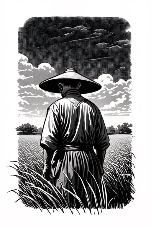 old Chinese farmer in a field facing away tattoo design idea