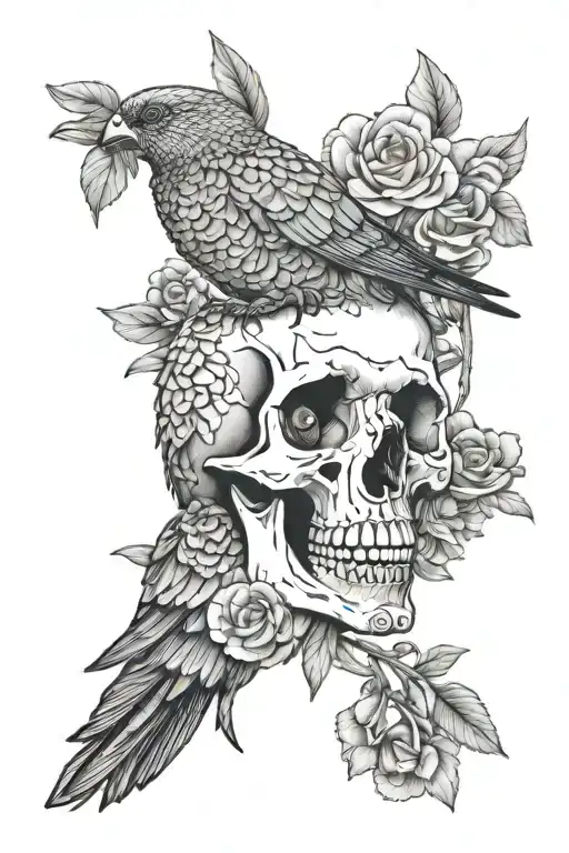 rainbow lorikeet standing on top of skull with flowers tattoo design idea