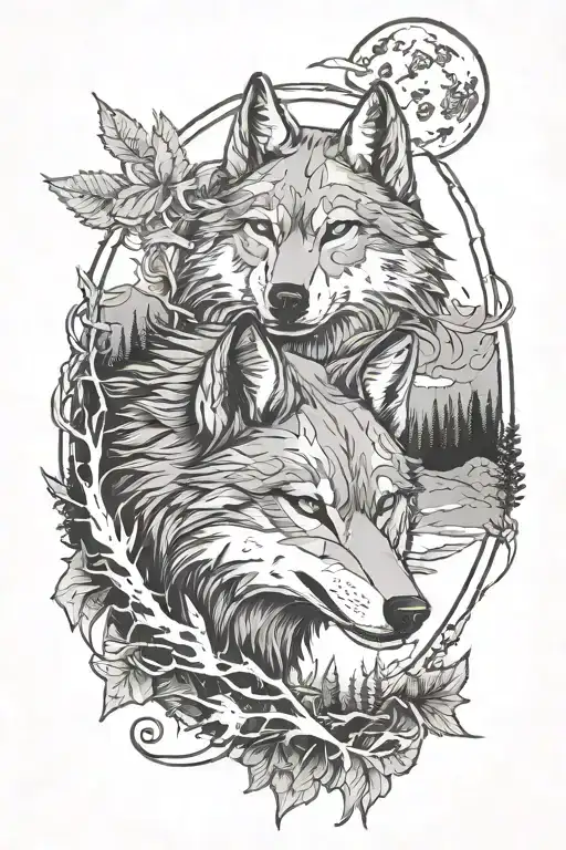 Tattoo sleeve. A wolf with a grin, a star of a pack, the moon, a raven flies over the forest tattoo design idea