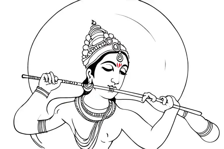 The image is a tattoo depicting Lord Krishna playing the flute tattoo design idea