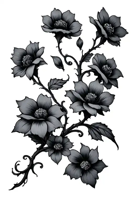 thick vine with seven flowers intertwined tattoo design idea