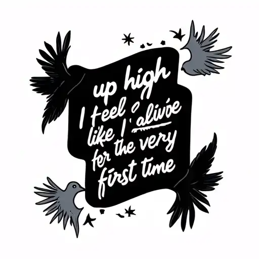 Black text tattoo that says “up high I feel like I’m alive for the very first time” on two lines, with two small dove si tattoo design idea