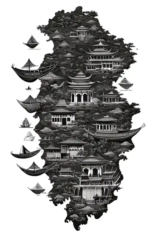 Vietnam map outline surrounded by lots of traditional vietnamese memories including basket boats hoi an, ha long bay tattoo design idea