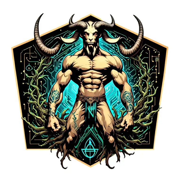 Satyr with horns and a massive bodybuilder muscles flexing. Surrounded by natural roots, vines and sigils tattoo design idea