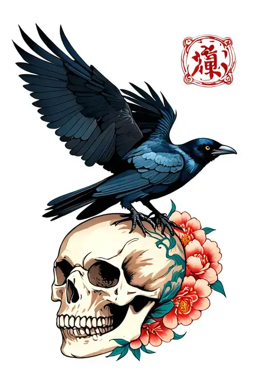crow landing on a skull tattoo design idea