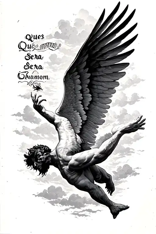 icarus falling from the sky with que sera sera written  tattoo design idea