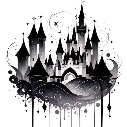 A whimsical and abstract design of the Disney Castle, with swirling patterns and dream-like elements tattoo design idea