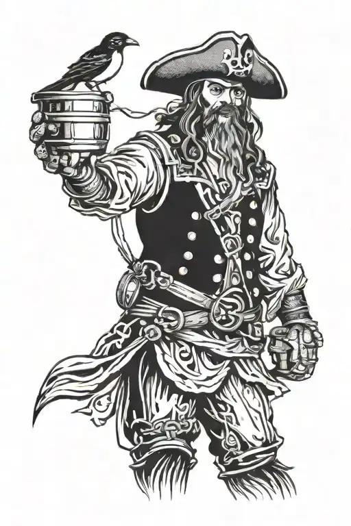 pirate with a barrel on one foot and a bird on a shoulder  tattoo design idea