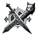 GERALT Silver Sword (Witcher 3) with the wolf coat of arms in the fist of the sword and the signs (magic symbols) along the tattoo design idea