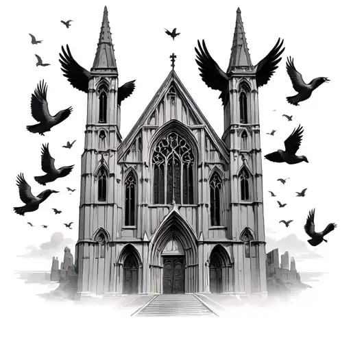 gothic cathedral church with doves and angels flying out top with sky  tattoo design idea