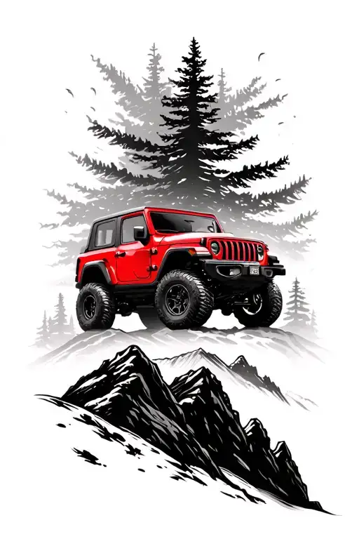 red jeep without roof top standing front of the offroad drive on mountain  tattoo design idea