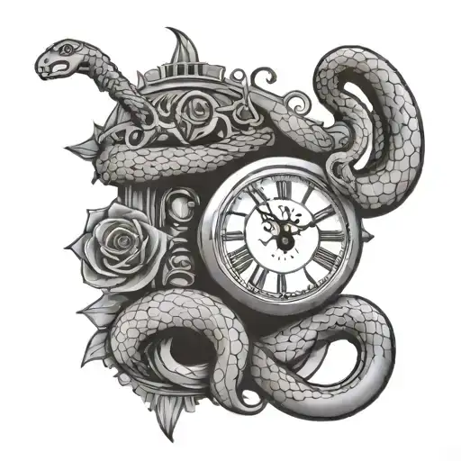 A clock with snake hands and gun pendulum tattoo design idea