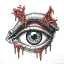 Realistic human eye crying blood and melting tattoo design idea