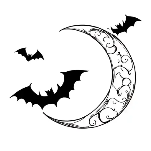 crescent moon with bats flying tattoo design idea