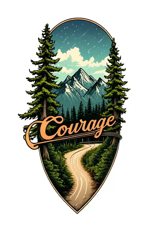 "Courage" Winding Road and pine trees into mountains  tattoo design idea