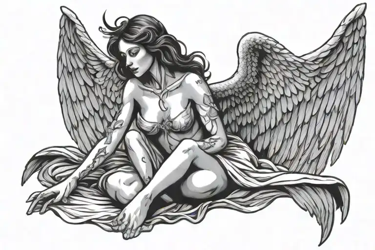 sad beautiful female angel spreading wings with no clothes facing front whole body including feet flying upwards tattoo design idea