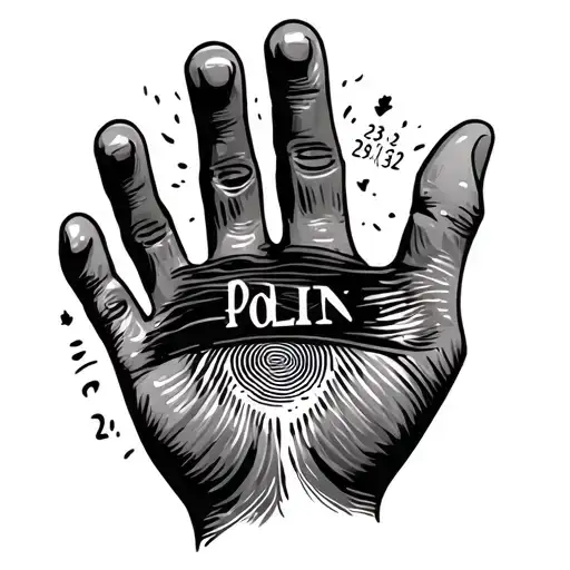 Hand print in the center Name Polin, on a little finger, a fingerprint on a ring finger is 23:32, tattoo design idea